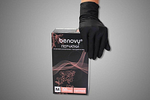 BENOVY, Перчатки нитриловые текстурированные на пальцах, М, черные, 50 пар